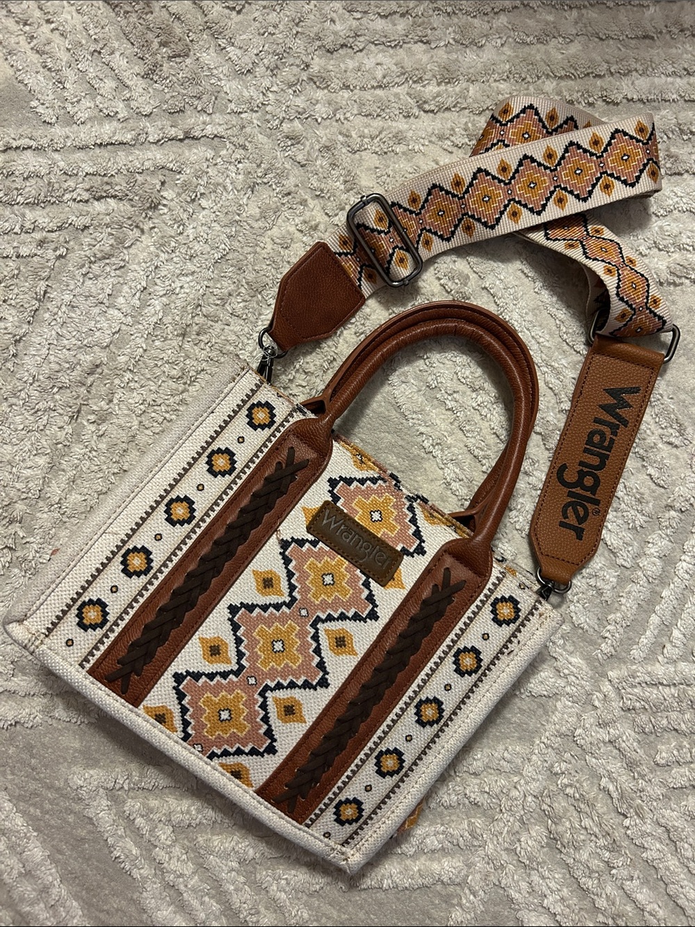 Wrangler Brown, Cream & Yellow Woven Crossbody Tote with Detachable Strap